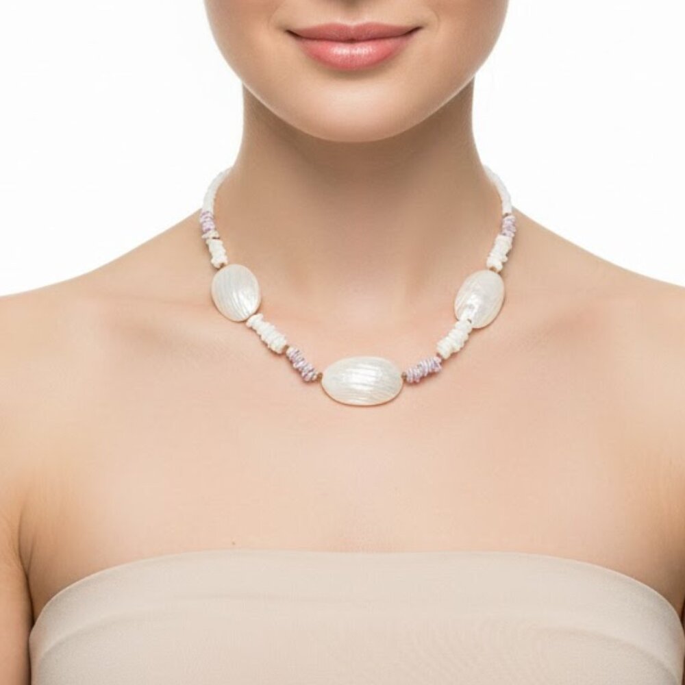 Vintage Carved Mother of Pearl Statement Necklace Shell Chips Barrel Clasp